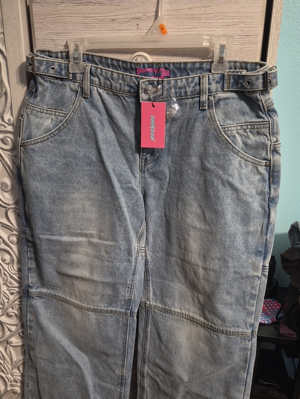 Edikted Light Blue Shai Low Rise Baggy Carpenter Jeans